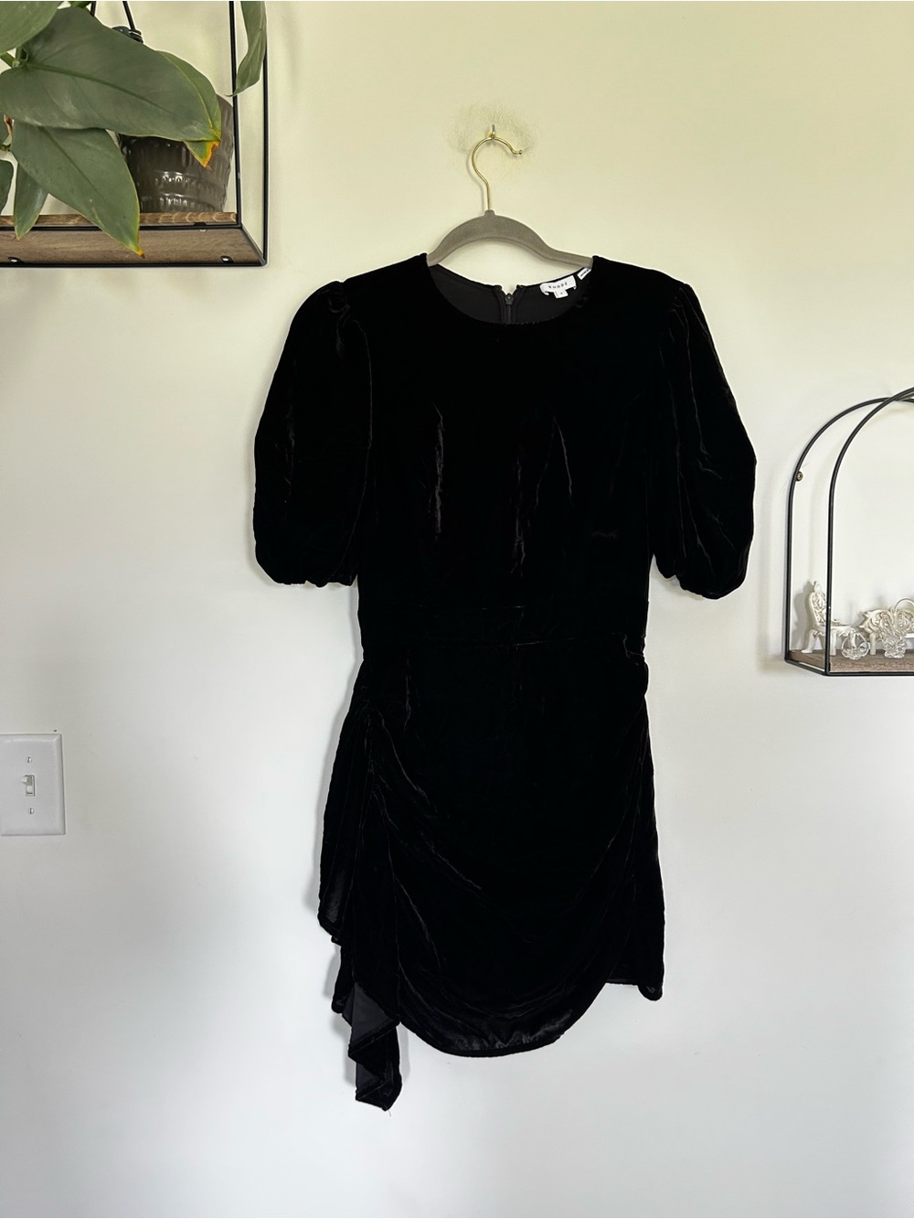Rhode Pia Black Velvet Short Puff Sleeve Mini Dress Size Small